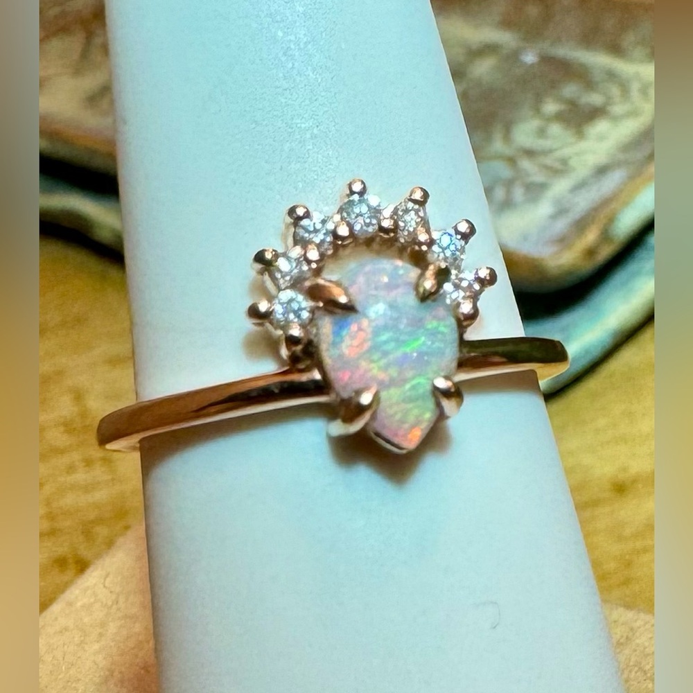 Natural Fire Opal 14K Solid Rose Gold and Diamond Ring 🌈Solid Australian Opal